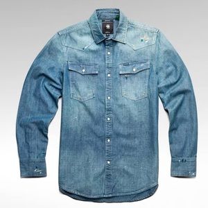 G-STAR RAW “3301 SLIM SHIRT” IN “ANTIC FADED AEGEAN BLUE PAINTED” XXL SLIM NWT!!